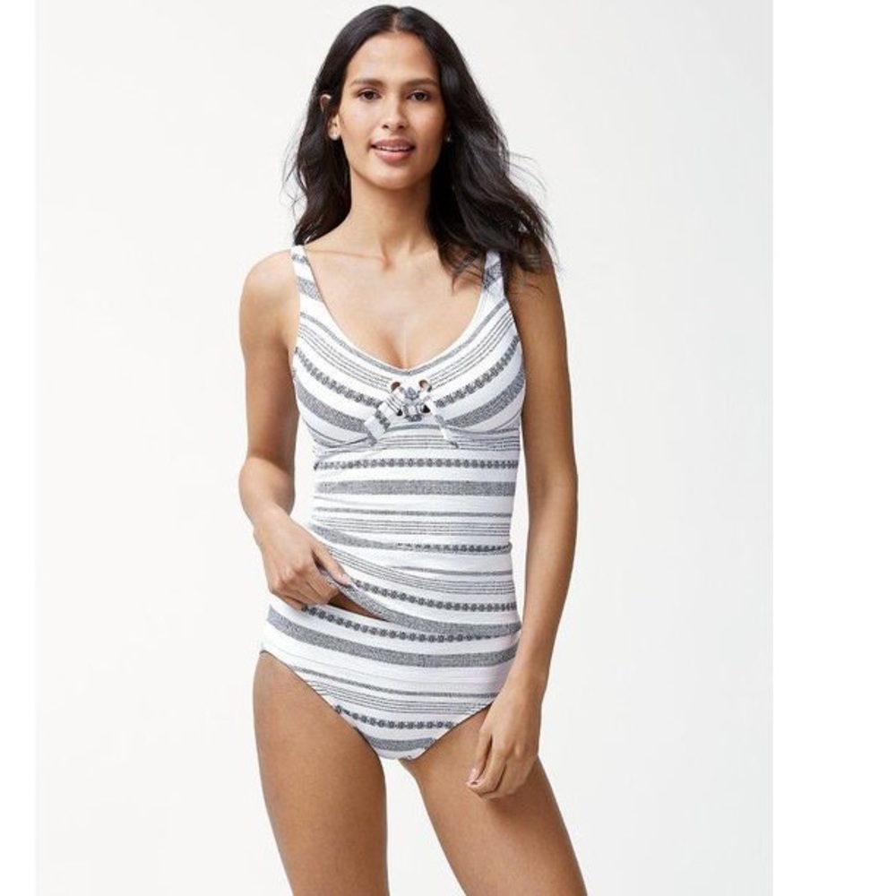 Tommy Bahama White and Gray Striped One-Piece Swimsuit